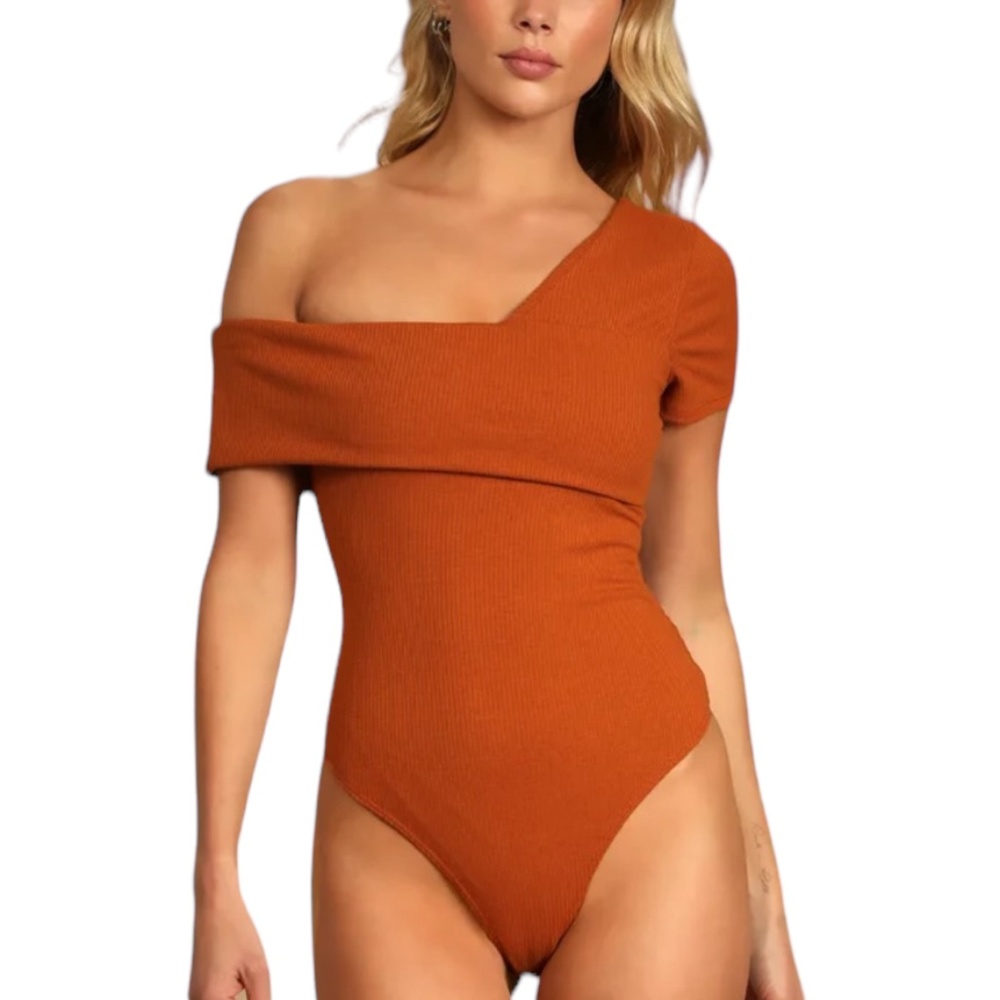 NWT LULUS My Charming Ways Rust Orange Ribbed One Shoulder Bodysuit ~ Size Large